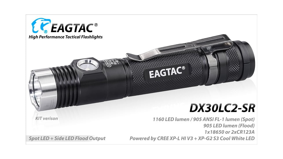 EAGTAC DX30LC2-SR Side-LED Rechargeable Flashlight Kit, Spot XP-L HI V2 NW w/ Flood Nichia 219B CRI92 5700K LED, 1080lm/390lm, Black, DX30LC2SR-XPLHINW-SIDE219B-KIT