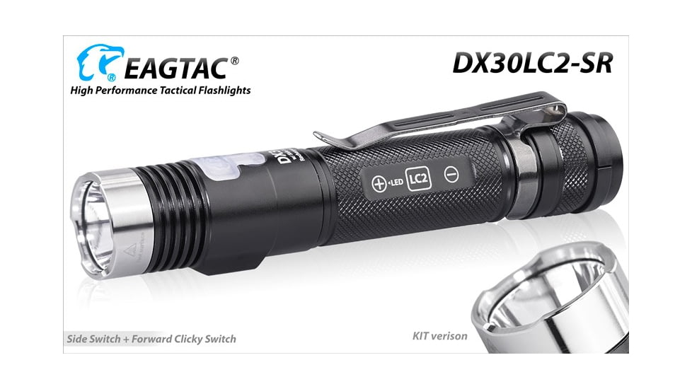 EAGTAC DX30LC2-SR Side-LED Rechargeable Flashlight Kit, Spot XP-L HI V2 NW w/ Flood Nichia 219B CRI92 5700K LED, 1080lm/390lm, Black, DX30LC2SR-XPLHINW-SIDE219B-KIT