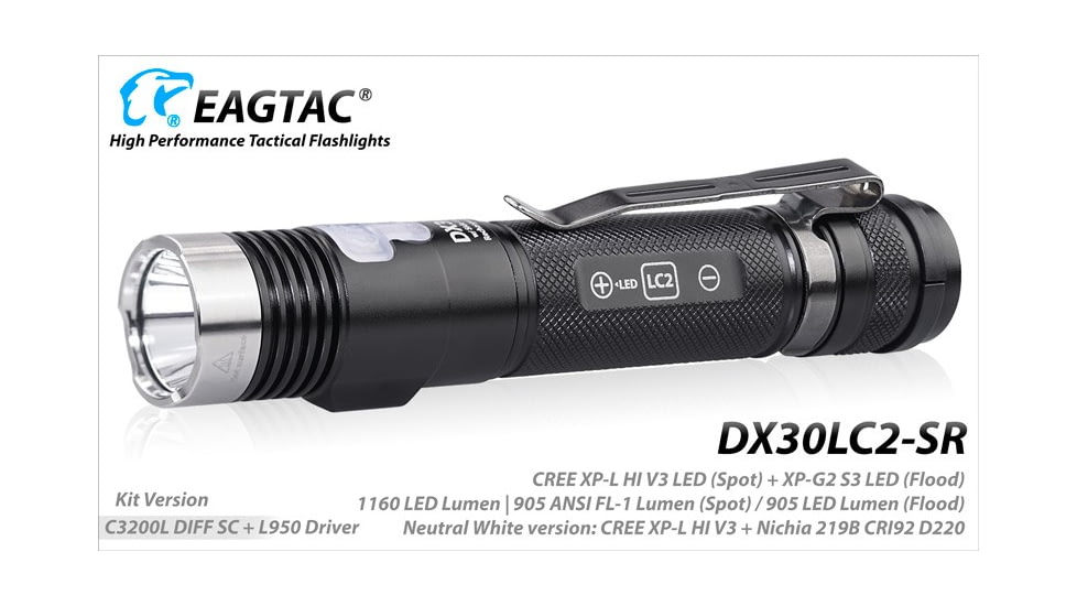 EAGTAC DX30LC2-SR Side-LED Rechargeable Flashlight Kit, Spot XP-L HI V2 NW w/ Flood Nichia 219B CRI92 5700K LED, 1080lm/390lm, Black, DX30LC2SR-XPLHINW-SIDE219B-KIT