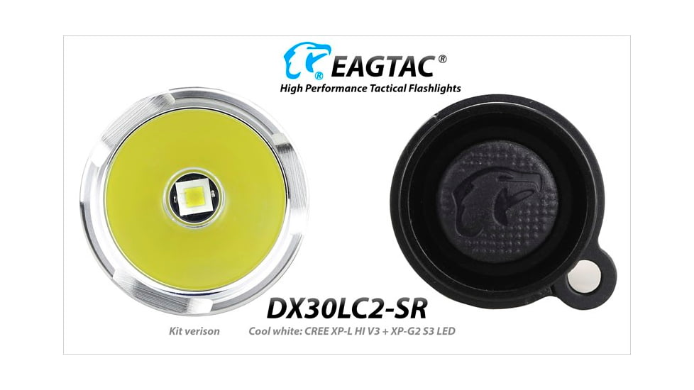 EAGTAC DX30LC2-SR Side-LED Rechargeable Flashlight Kit, Spot XP-L HI V2 NW w/ Flood Nichia 219B CRI92 5700K LED, 1080lm/390lm, Black, DX30LC2SR-XPLHINW-SIDE219B-KIT