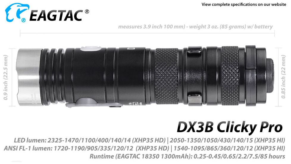 EAGTAC DX3B Clicky PRO Rechargeable XHP50.2 LED 2500 Lumen LED Flashlight, Black, Small 4253