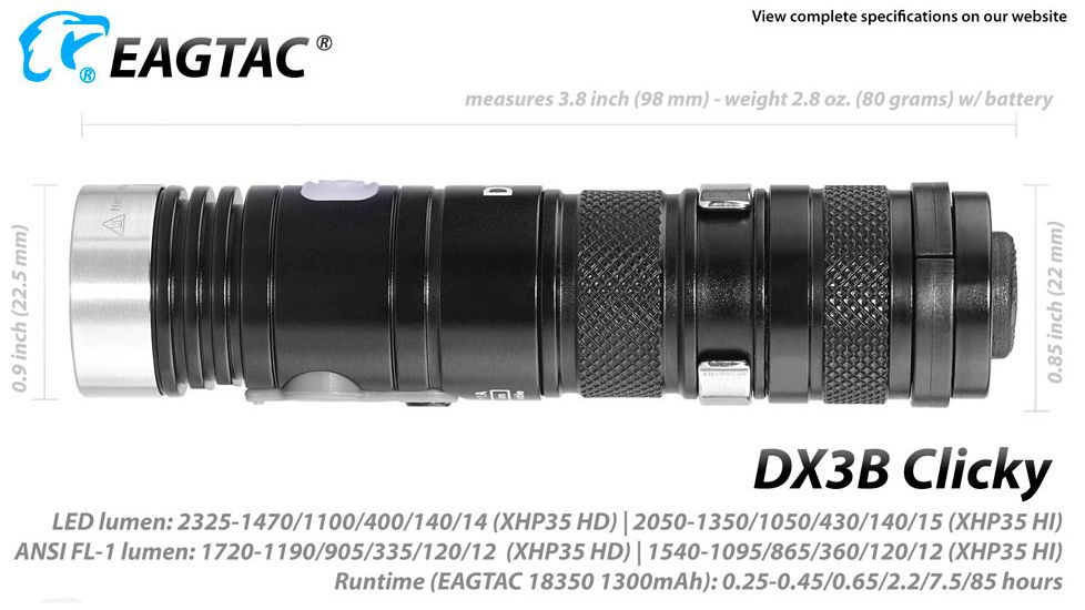 EAGTAC DX3B Clicky Rechargeable XHP50.2 LED 2500 Lumen LED Flashlight, Black, Small 4249
