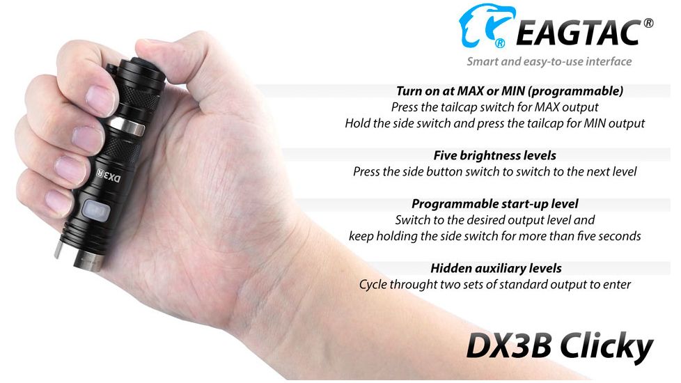 EAGTAC DX3B Clicky Rechargeable XHP50.2 LED 2500 Lumen LED Flashlight, Black, Small 4249