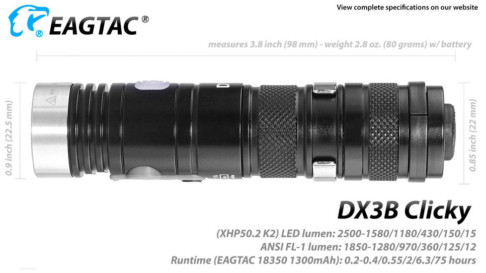 EAGTAC DX3B Clicky Rechargeable XHP50.2 LED 2500 Lumen LED Flashlight, Black, Small 4249