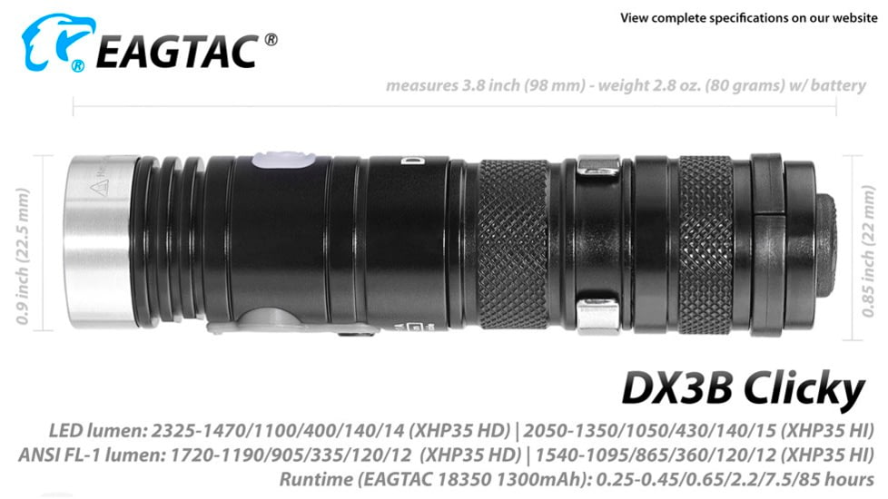EAGTAC DX3B Clicky Rechargeable XHP50.2 NW LED 2325 Lumen Flashlight, Black, DX3B-CLICKY-XHP502-REG-NW