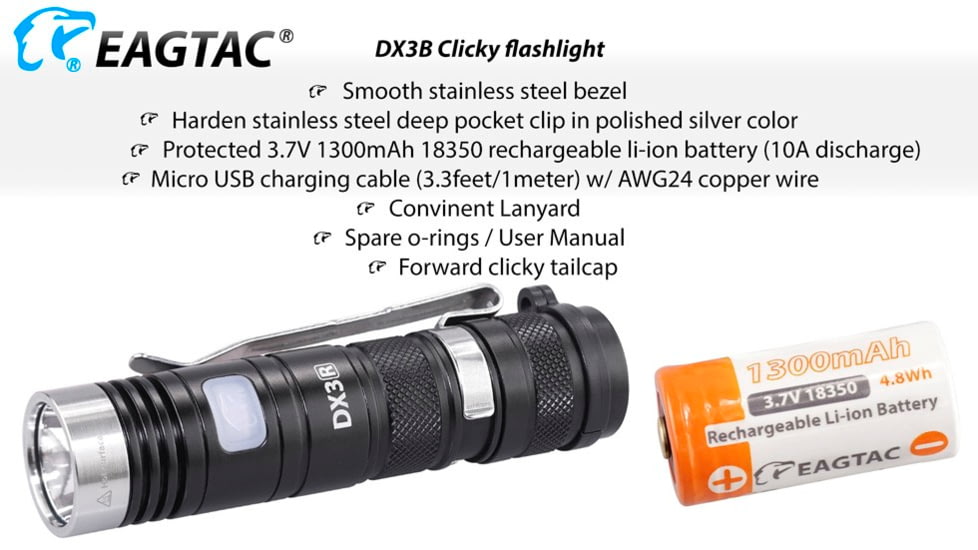 EAGTAC DX3B Clicky Rechargeable XHP50.2 NW LED 2325 Lumen Flashlight, Black, DX3B-CLICKY-XHP502-REG-NW