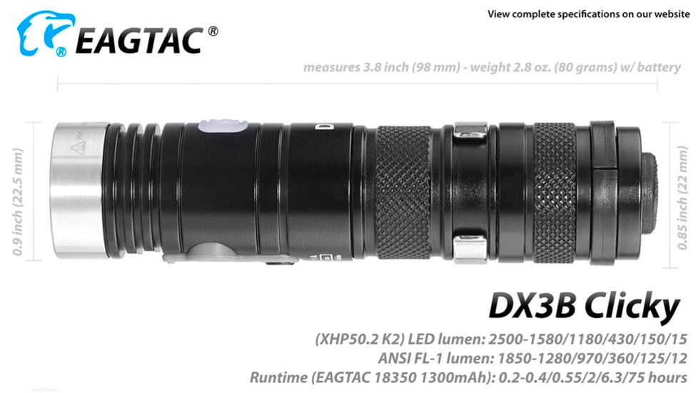 EAGTAC DX3B Clicky Rechargeable XHP50.2 NW LED 2325 Lumen Flashlight, Black, DX3B-CLICKY-XHP502-REG-NW