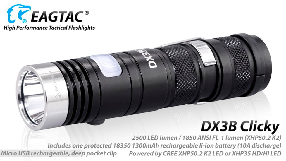 EAGTAC DX3B Clicky Rechargeable XHP50.2 NW LED 2325 Lumen Flashlight, Black, DX3B-CLICKY-XHP502-REG-NW