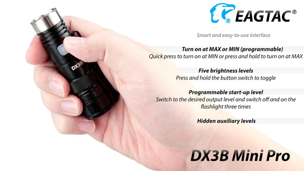 EAGTAC DX3B Mini Pro Flashlight, XHP50.2 CW LED, 2480lm, Black, DX3BM-XHP502-PRO-CW