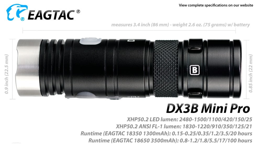 EAGTAC DX3B Mini Pro Flashlight, XHP50.2 CW LED, 2480lm, Black, DX3BM-XHP502-PRO-CW