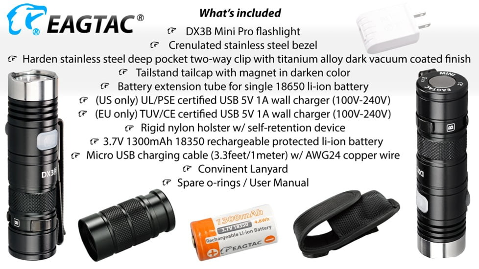 EAGTAC DX3B Mini Pro Flashlight, XHP50.2 CW LED, 2480lm, Black, DX3BM-XHP502-PRO-CW