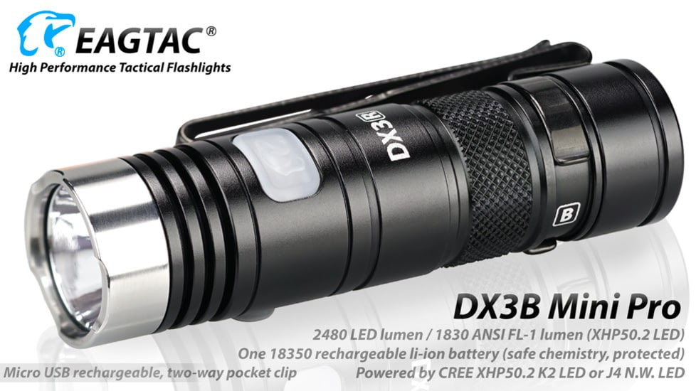 EAGTAC DX3B Mini Pro Flashlight, XHP50.2 CW LED, 2480lm, Black, DX3BM-XHP502-PRO-CW