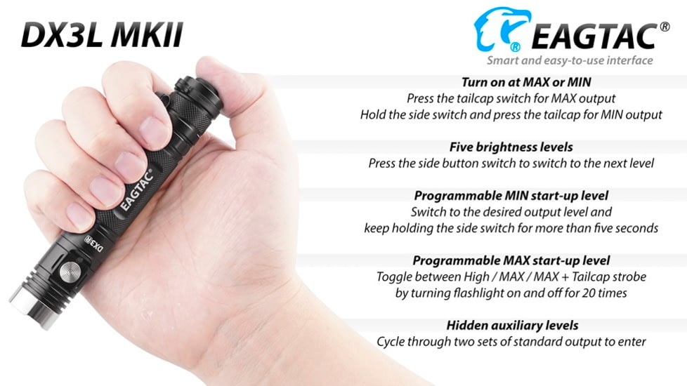 EAGTAC DX3L MKII Flashlight, SST70 CW LED, 3100lm, Black, DX3L MKII-SST70-CW