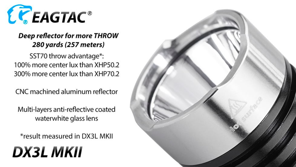 EAGTAC DX3L MKII Flashlight, SST70 CW LED, 3100lm, Black, DX3L MKII-SST70-CW