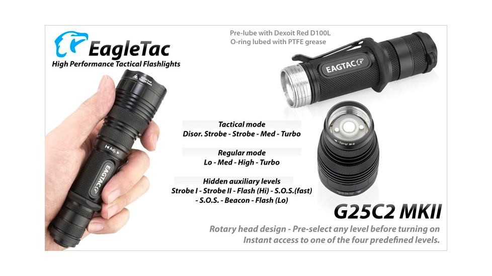 EAGTAC G25C2 Flashlight Kit, XM-L2 U4 CW LED, 1351lm, Black, G25C2-XML2-KIT-CW