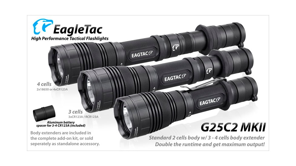 EAGTAC G25C2 Flashlight Kit, XM-L2 U4 CW LED, 1351lm, Black, G25C2-XML2-KIT-CW