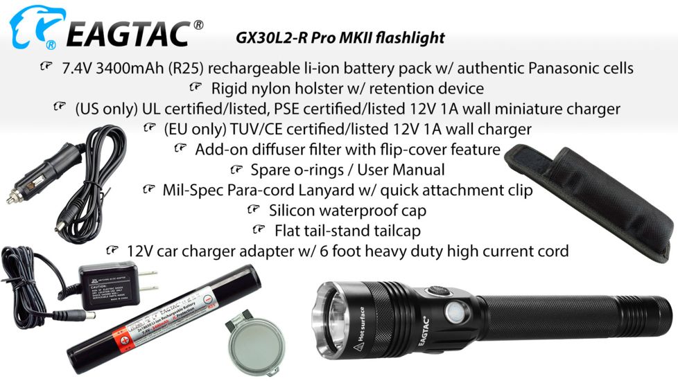 EAGTAC GX30L2-R Pro Flashlight, XHP35 HD CW LED, 2000lm, Black, Medium 4126