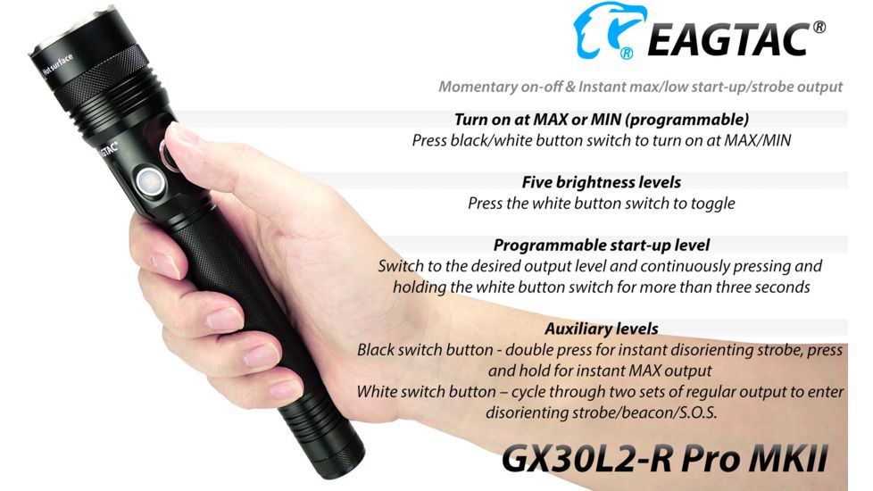 EAGTAC GX30L2-R Pro Flashlight, XHP35 HD CW LED, 2000lm, Black, Medium 4126