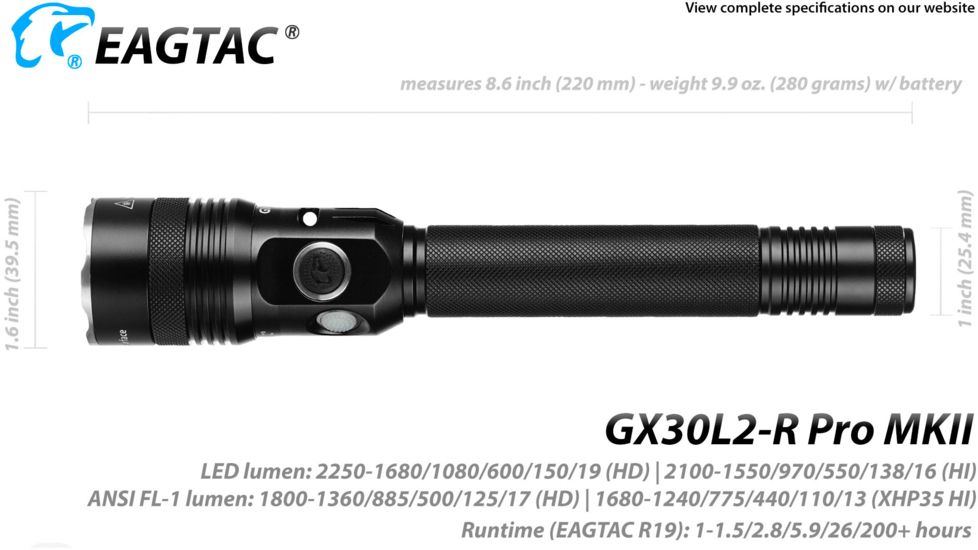 EAGTAC GX30L2-R Pro Flashlight, XHP35 HD CW LED, 2000lm, Black, Medium 4126