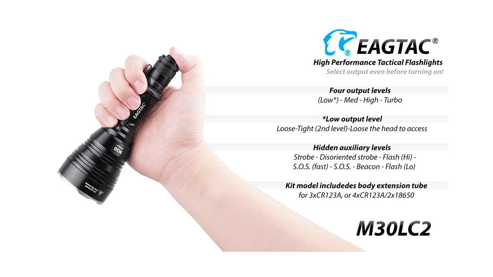 EAGTAC M30LC2 Flashlight, XM-L2 U4 CW LED, 1348lm, Black, M30LC2-XML2-BASE-CW