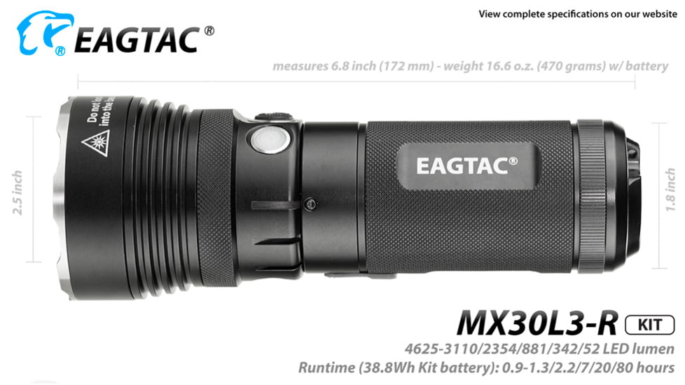 EAGTAC MX30L3-R Flashlight Kit, XHP70 N2 NW LED, 4322lm, Black, MX30L3R-XHP70-KIT-NW