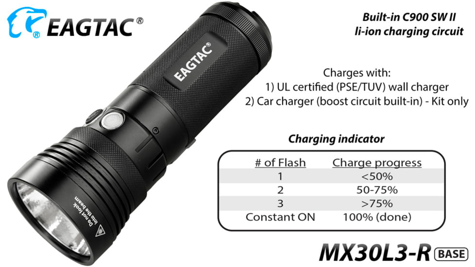 EAGTAC MX30L3-R Flashlight Kit, XHP70 N2 NW LED, 4322lm, Black, MX30L3R-XHP70-KIT-NW