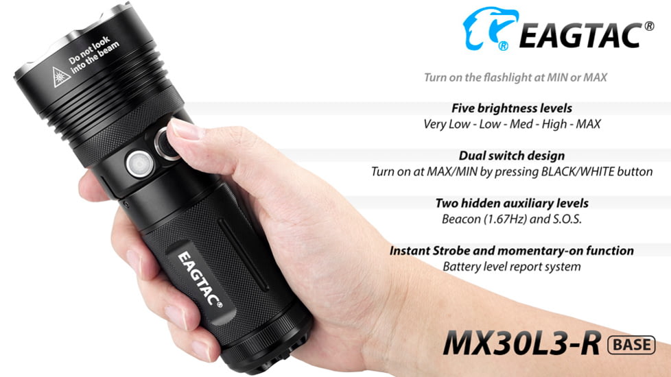 EAGTAC MX30L3-R Flashlight Kit, XHP70 N2 NW LED, 4322lm, Black, MX30L3R-XHP70-KIT-NW