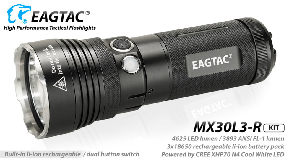 EAGTAC MX30L3-R Flashlight Kit, XHP70 N2 NW LED, 4322lm, Black, MX30L3R-XHP70-KIT-NW