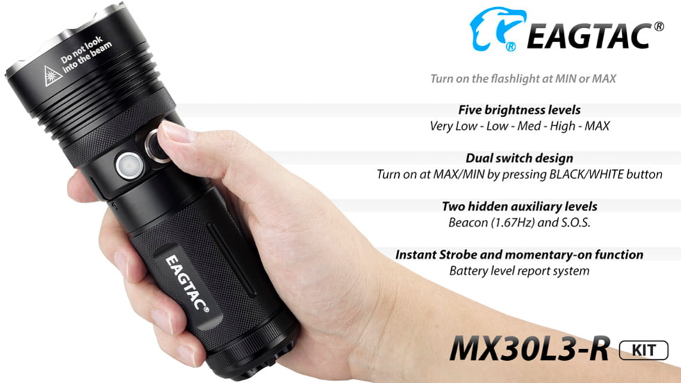 EAGTAC MX30L3-R Flashlight Kit, XHP70 N2 NW LED, 4322lm, Black, MX30L3R-XHP70-KIT-NW