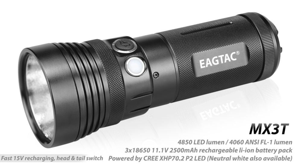 EAGTAC MX3T Flashlight, XHP70.2 CW LED, 4850lm, Black, MX3T-XHP702-REG-CW