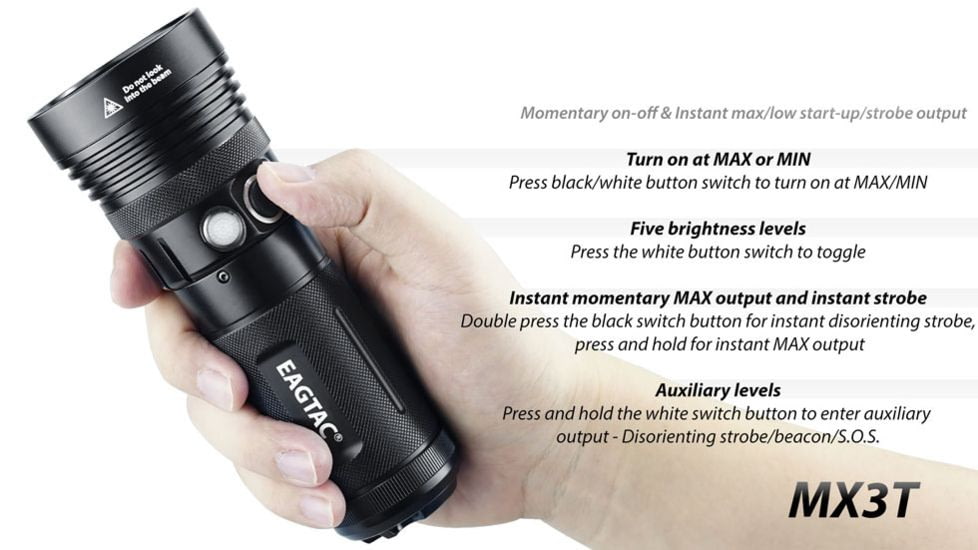 EAGTAC MX3T Flashlight, XHP70.2 CW LED, 4850lm, Black, MX3T-XHP702-REG-CW