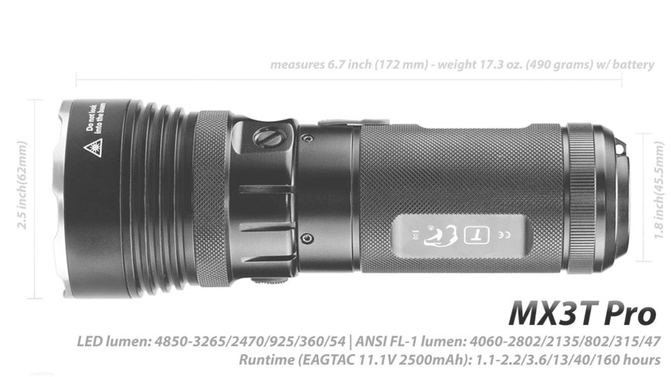 EAGTAC MX3T Pro Flashlight, XHP70.2 CW LED, 4850lm, Black, MX3T-XHP702-PRO-CW