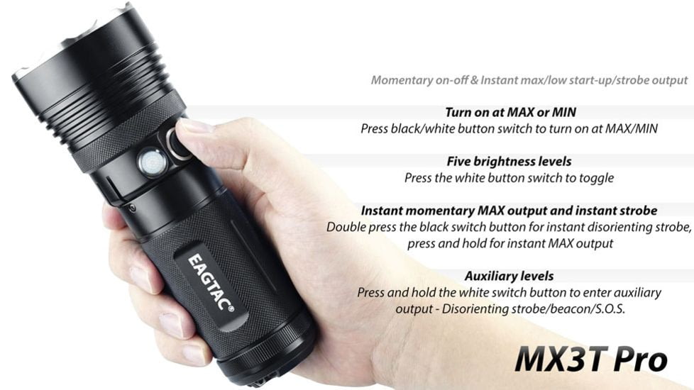 EAGTAC MX3T Pro Flashlight, XHP70.2 CW LED, 4850lm, Black, MX3T-XHP702-PRO-CW