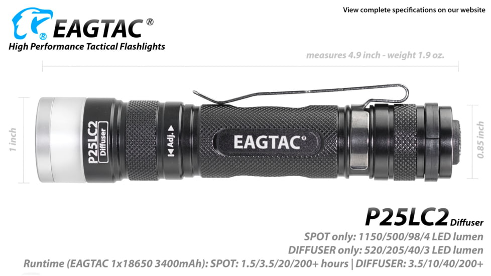 EAGTAC P25LC2 Diffuser Flashlight, XM-L2 U2 NW w/ LEDarray LED, 1150lm w/ 475lm, Black, P25LC2-Diffuser-XML2-NW