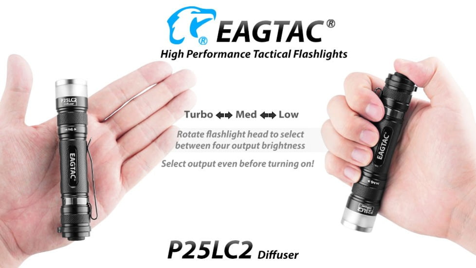EAGTAC P25LC2 Diffuser Flashlight, XM-L2 U2 NW w/ LEDarray LED, 1150lm w/ 475lm, Black, P25LC2-Diffuser-XML2-NW