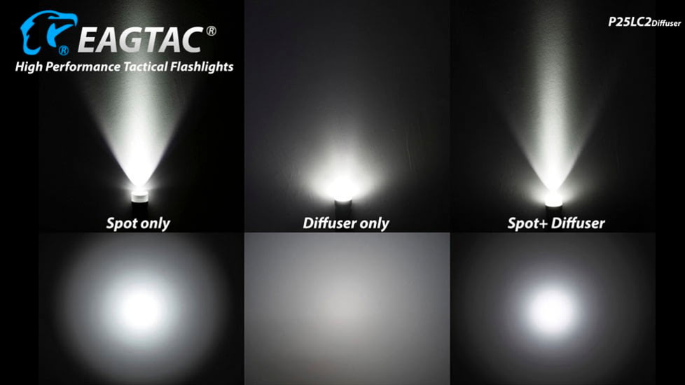 EAGTAC P25LC2 Diffuser Flashlight, XM-L2 U2 NW w/ LEDarray LED, 1150lm w/ 475lm, Black, P25LC2-Diffuser-XML2-NW