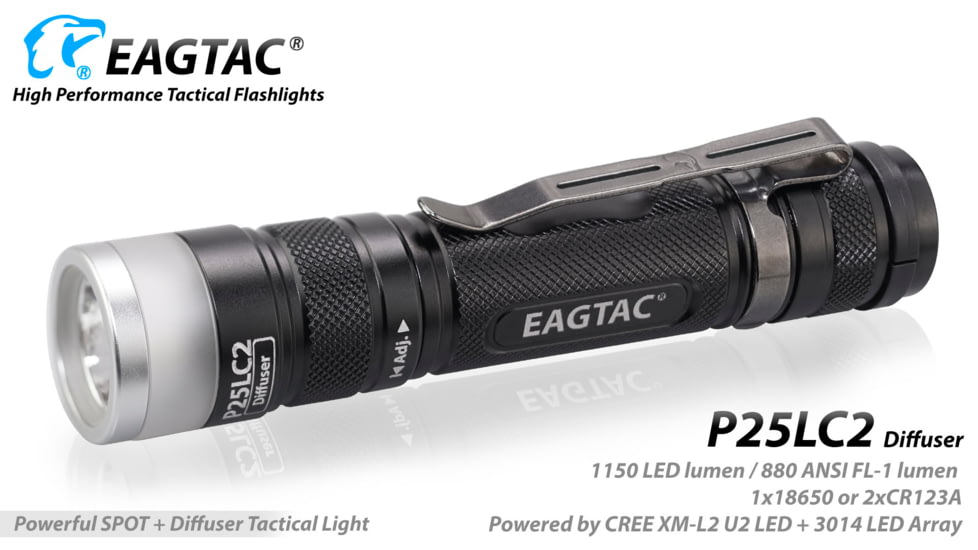 EAGTAC P25LC2 Diffuser Flashlight, XM-L2 U2 NW w/ LEDarray LED, 1150lm w/ 475lm, Black, P25LC2-Diffuser-XML2-NW