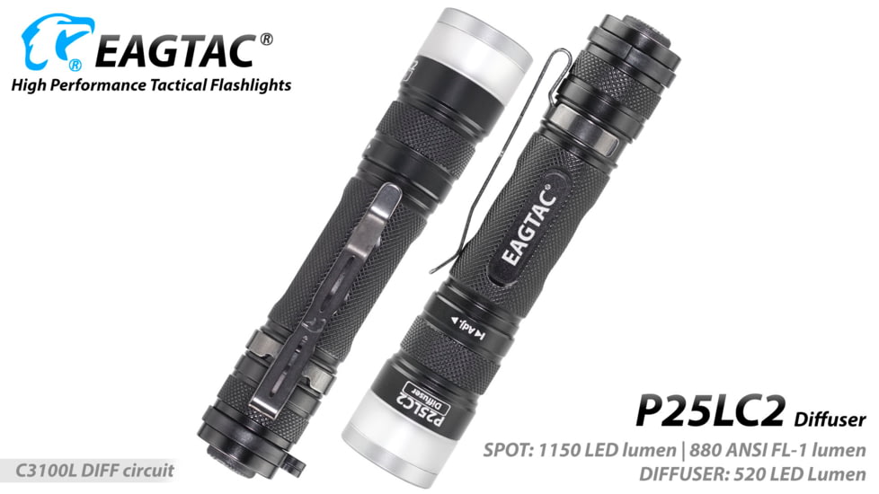 EAGTAC P25LC2 Diffuser Flashlight, XM-L2 U2 NW w/ LEDarray LED, 1150lm w/ 475lm, Black, P25LC2-Diffuser-XML2-NW
