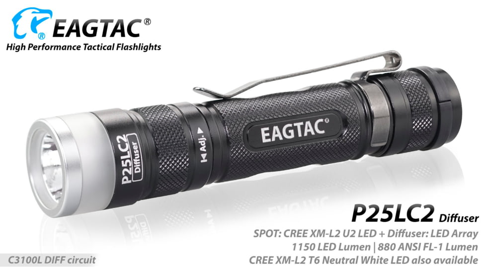 EAGTAC P25LC2 Diffuser Flashlight, XM-L2 U2 NW w/ LEDarray LED, 1150lm w/ 475lm, Black, P25LC2-Diffuser-XML2-NW
