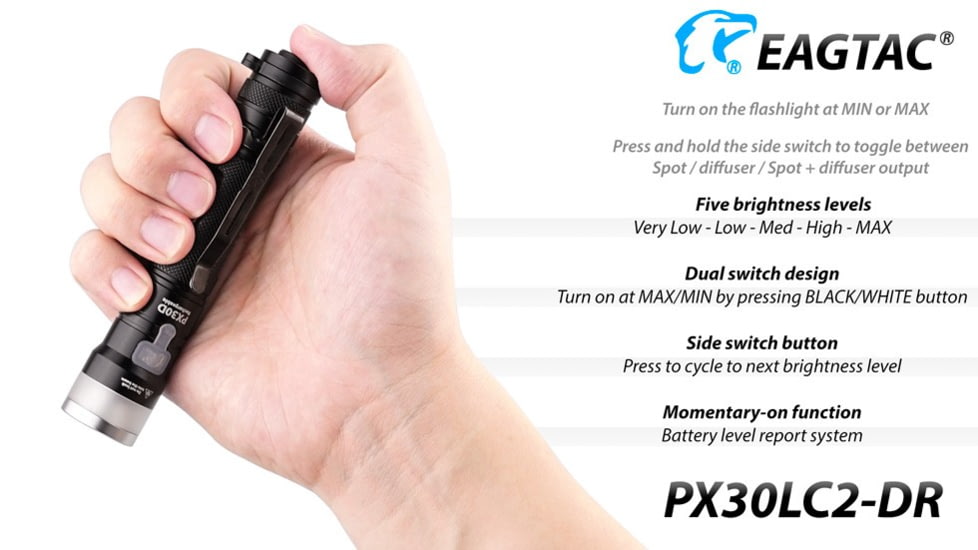 EAGTAC PX30LC2-DR Flashlight, 219Ccri92 w/ LEDarray LED, 800lm w/ 550lm, Black, PX30LC2-Diffuser-219C-NW