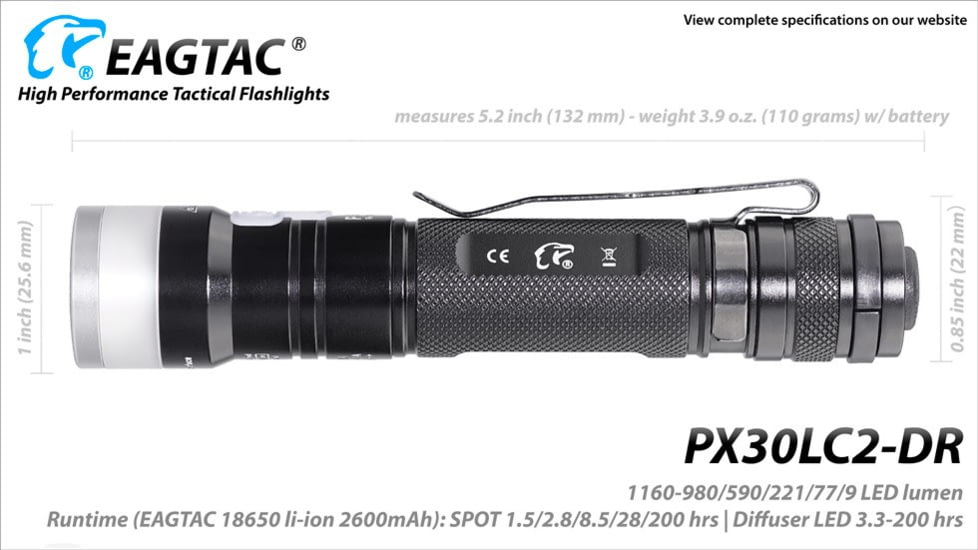 EAGTAC PX30LC2-DR Flashlight, 219Ccri92 w/ LEDarray LED, 800lm w/ 550lm, Black, PX30LC2-Diffuser-219C-NW
