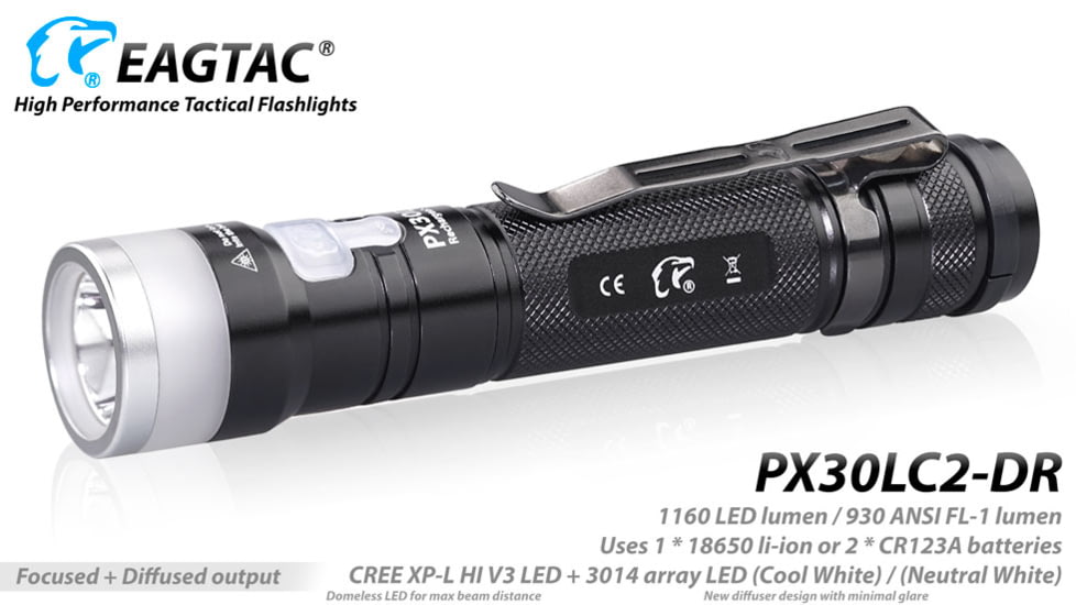 EAGTAC PX30LC2-DR Flashlight, 219Ccri92 w/ LEDarray LED, 800lm w/ 550lm, Black, PX30LC2-Diffuser-219C-NW