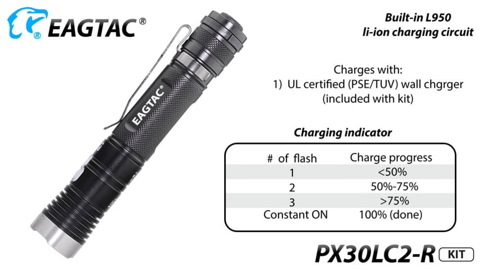 EAGTAC PX30LC2-R Base Flashlight, Nichia 219C CRI92 4000K LED, 800lm, Black, PX30LC2R-219C-BASE-NW