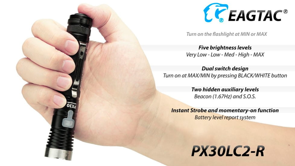 EAGTAC PX30LC2-R Base Flashlight, Nichia 219C CRI92 4000K LED, 800lm, Black, PX30LC2R-219C-BASE-NW