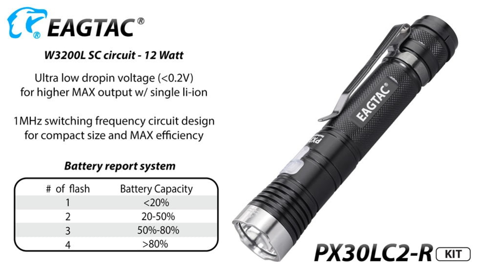 EAGTAC PX30LC2-R Base Flashlight, Nichia 219C CRI92 4000K LED, 800lm, Black, PX30LC2R-219C-BASE-NW
