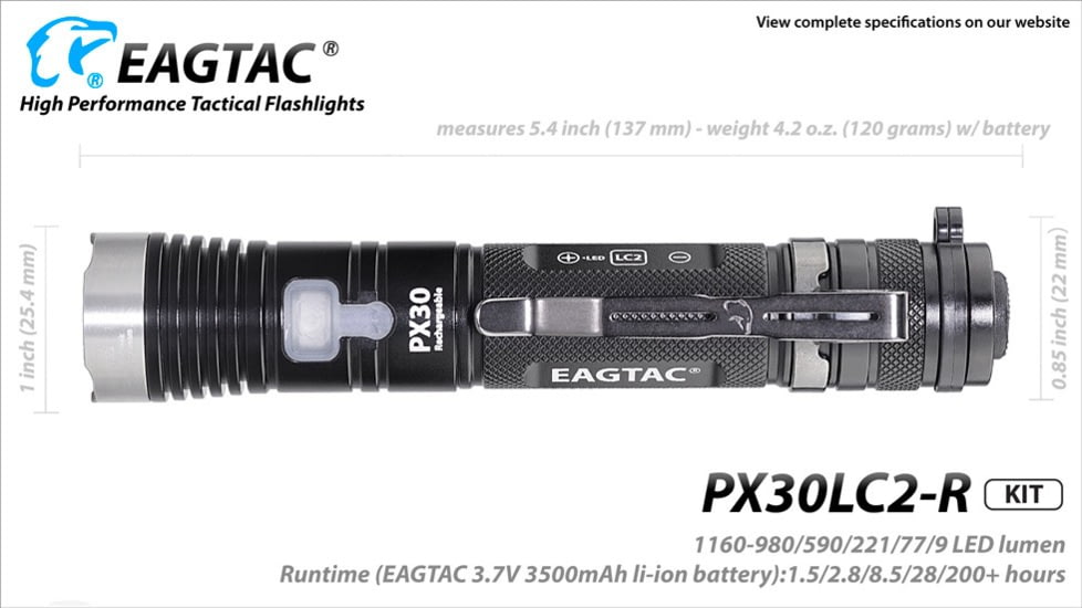 EAGTAC PX30LC2-R Base Flashlight, Nichia 219C CRI92 4000K LED, 800lm, Black, PX30LC2R-219C-BASE-NW