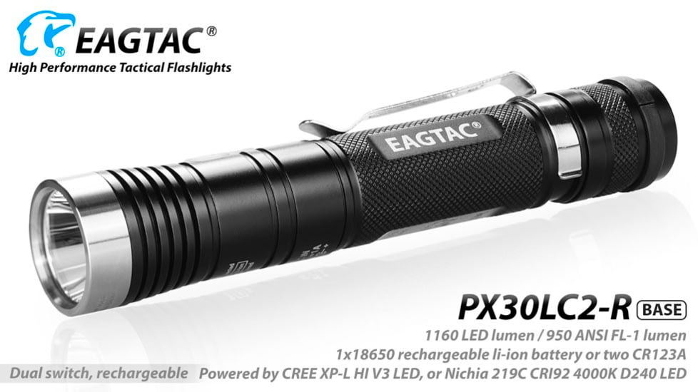 EAGTAC PX30LC2-R Base Flashlight, Nichia 219C CRI92 4000K LED, 800lm, Black, PX30LC2R-219C-BASE-NW