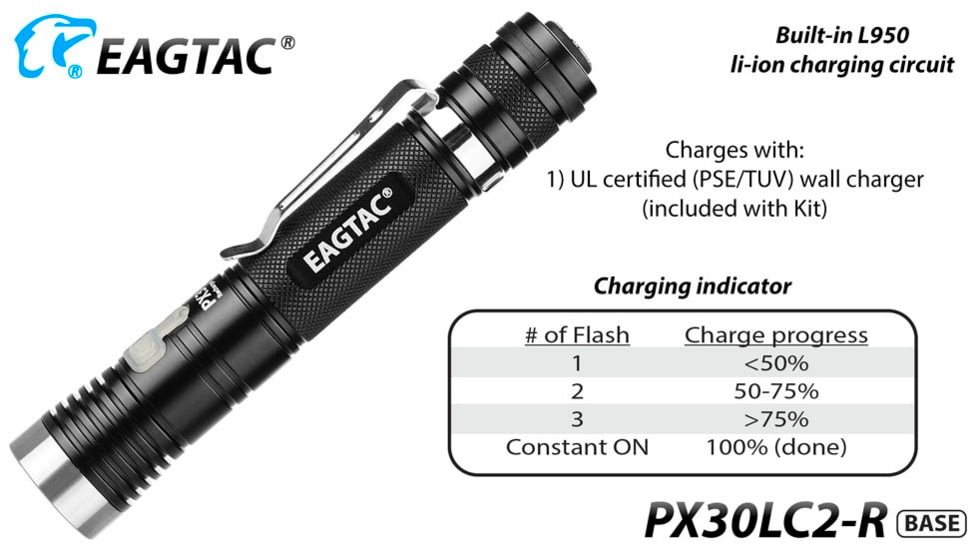 EAGTAC PX30LC2-R Base Flashlight, Nichia 219C CRI92 4000K LED, 800lm, Black, PX30LC2R-219C-BASE-NW
