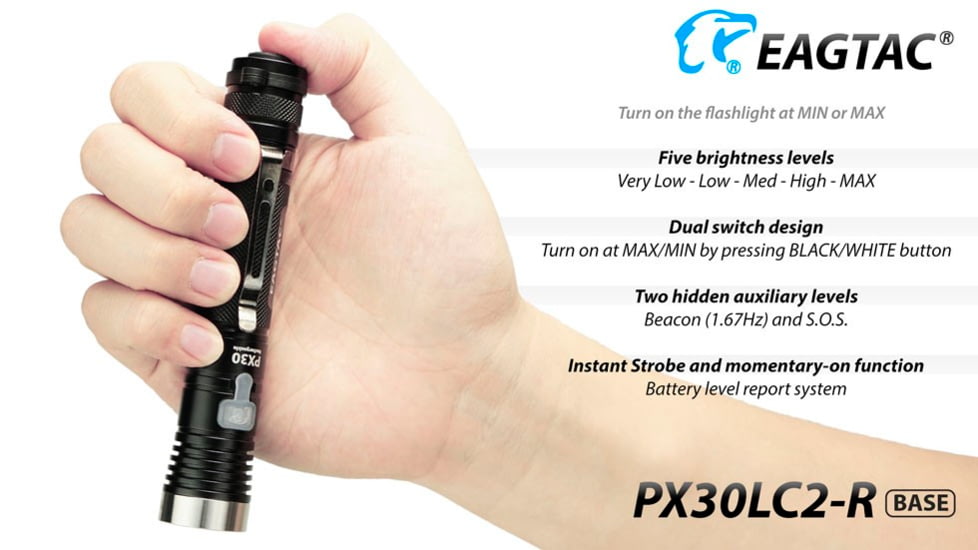 EAGTAC PX30LC2-R Base Flashlight, Nichia 219C CRI92 4000K LED, 800lm, Black, PX30LC2R-219C-BASE-NW