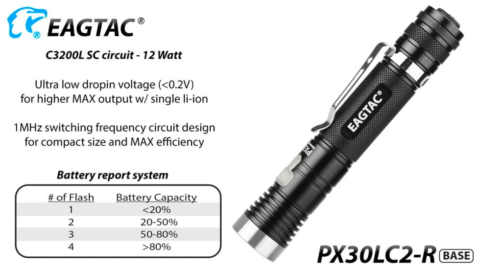 EAGTAC PX30LC2-R Base Flashlight, Nichia 219C CRI92 4000K LED, 800lm, Black, PX30LC2R-219C-BASE-NW